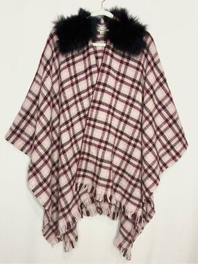 Pinko Wool Plaid Cape With Fox Fur Trim